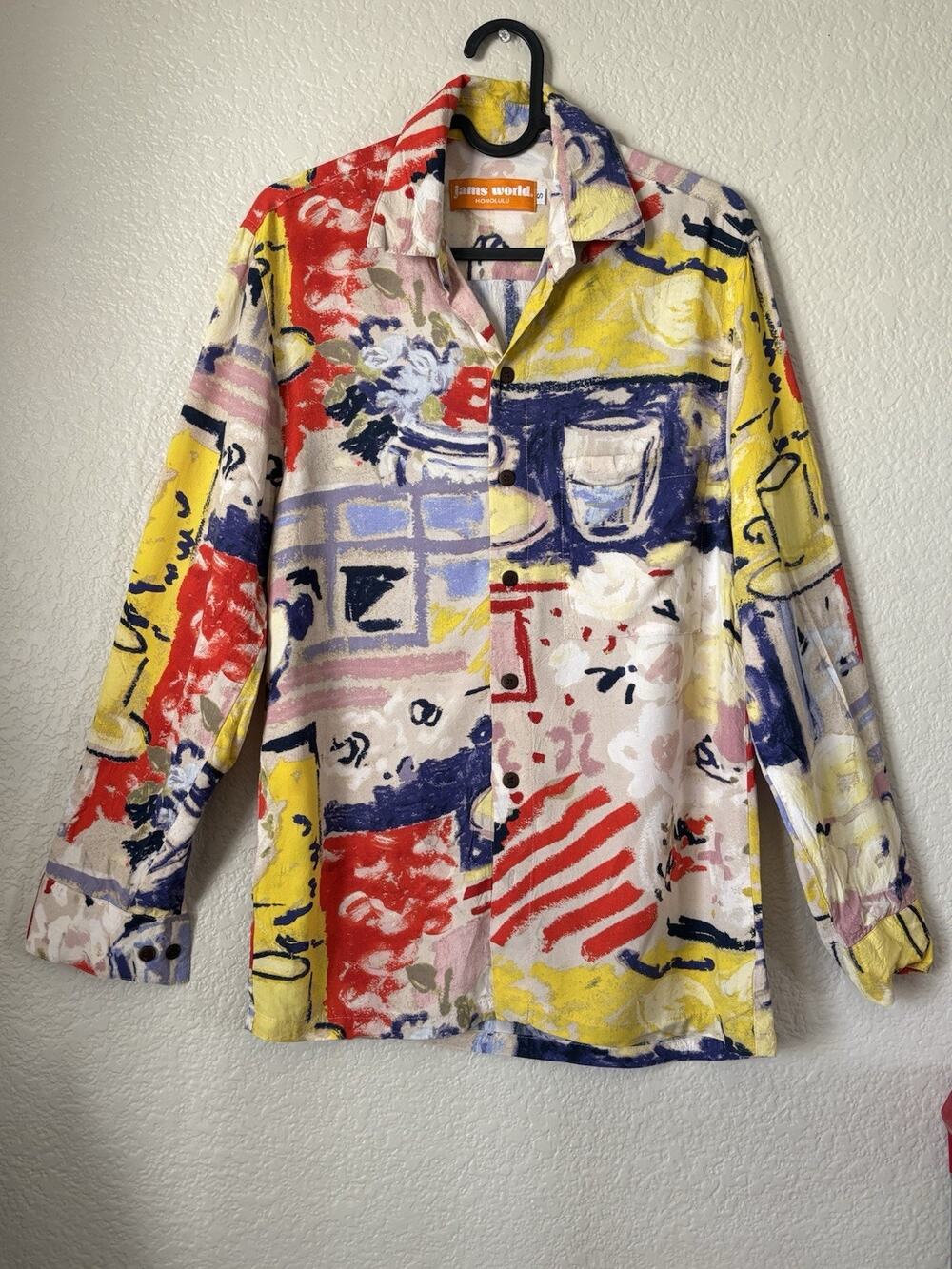 Vtg Jams World still life Bistro painting pattern long sleeve shirt mens sz Sm